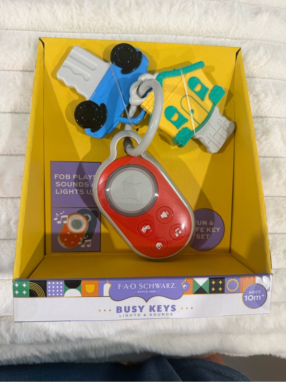FAO Schwarz Red and Yellow Busy Keys Toy Set with Blue and White Charms
